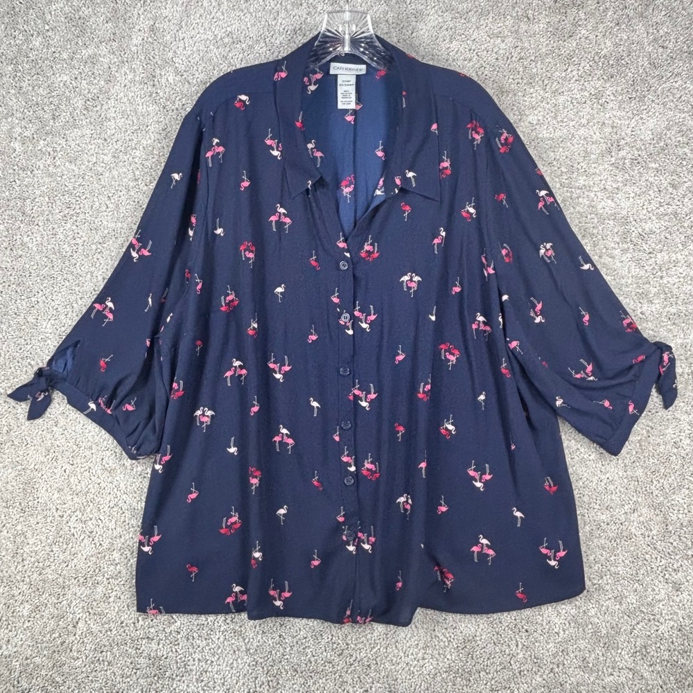 Catherines Navy Blue Flamingo Print Button Front Blouse 3XWP 26/28WP Tie Sleeve